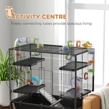Close up of the hamster cage showing the connecting tubes and platforms