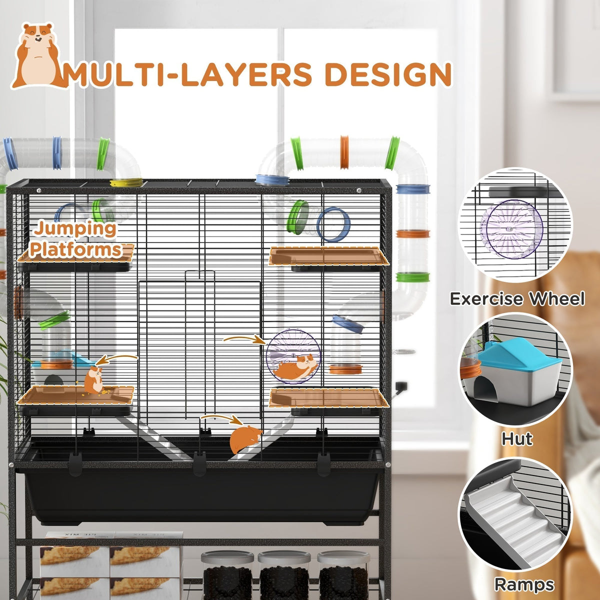 This multi-layer hamster cage features platforms, tubes and a running wheel