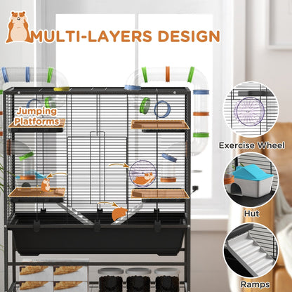 This multi-layer hamster cage features platforms, tubes and a running wheel