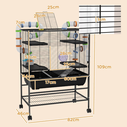 This hamster cage has dimensions labelled for height, width and depth