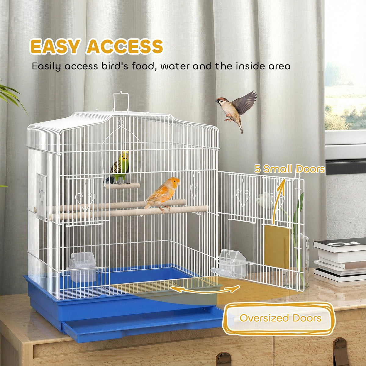This bird cage has easy access doors for food and cleaning