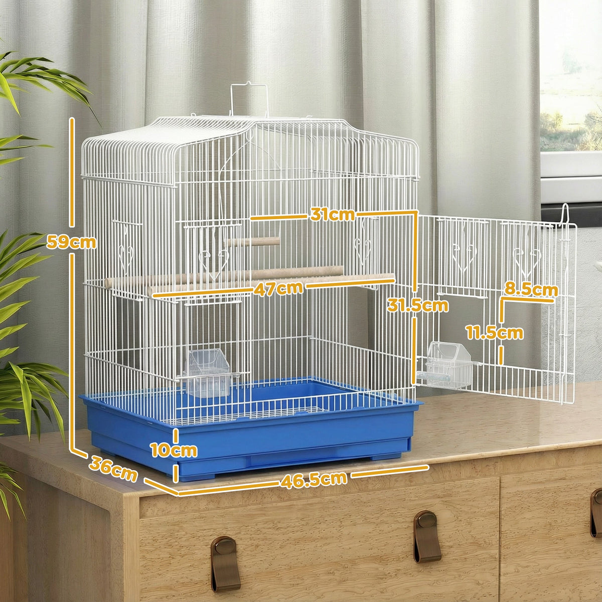Dimensions of the large metal bird cage are shown with measurements