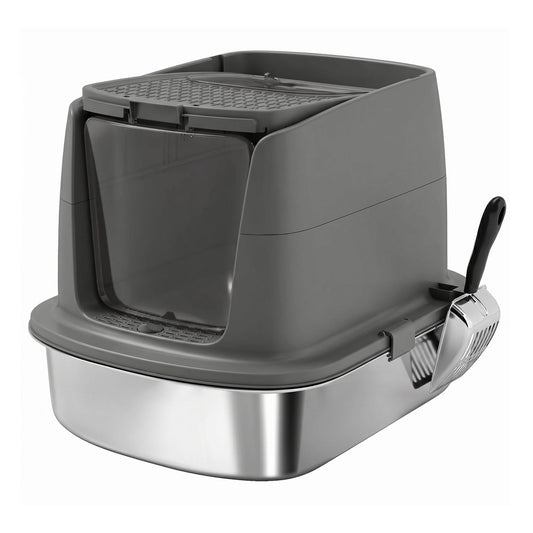 PawHut Large Stainless Steel Litter Box, a grey enclosed metal cat litter tray with a scoop attached
