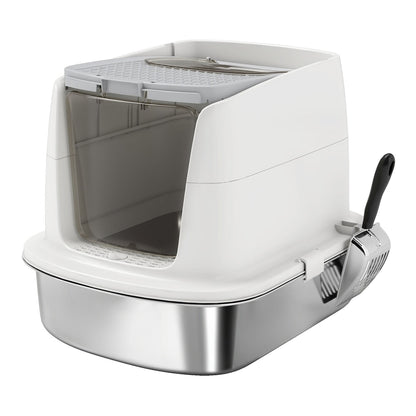 PawHut Large Stainless Steel Litter Box with a front entry and a scoop attached to the side