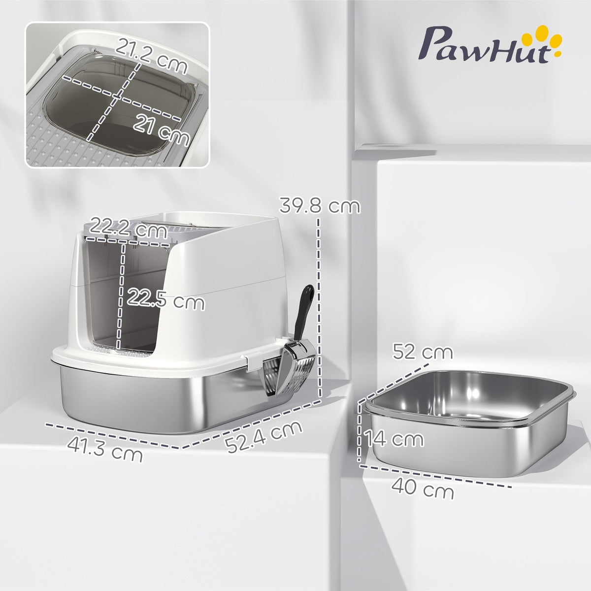 The metal cat litter tray shown with various dimensions and a separate metal base