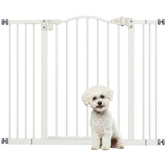 PawHut Metal 74-100cm Adjustable Pet Gate Safety Barrier with a small white dog sitting in front of it