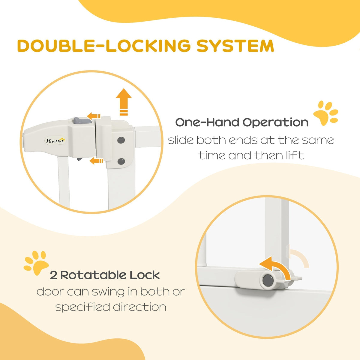 Close up of the white metal dog gate showing the double-locking system and one-hand operation