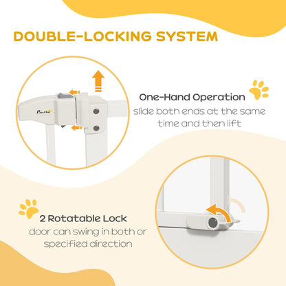 Close up of the white metal dog gate showing the double-locking system and one-hand operation
