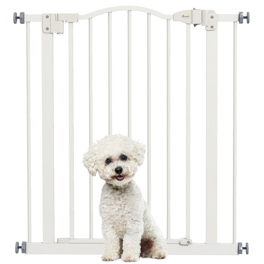 PawHut Metal 74-80cm Adjustable Pet Gate Safety Barrier with a small white dog sitting in front