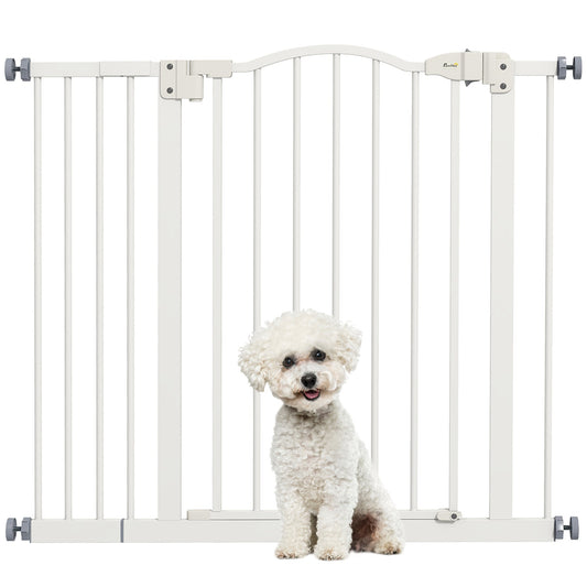 PawHut Metal 74-94cm Adjustable Pet Gate Safety Barrier with a small white dog sitting in front