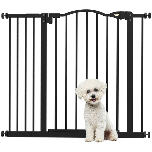 PawHut Metal 74-94cm Adjustable Pet Gate Safety Barrier in black with a white dog