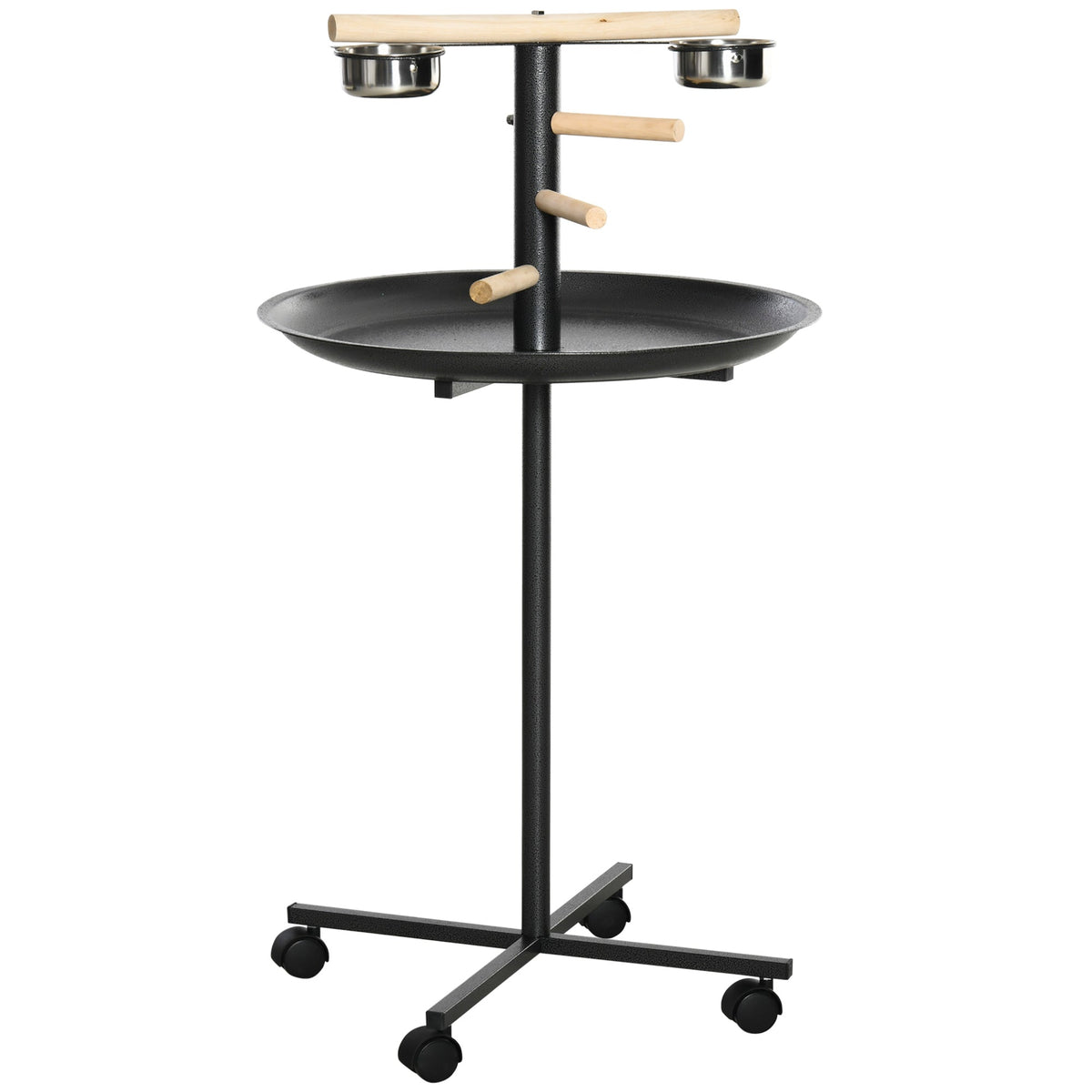 PawHut Metal Bird Table Play Stand, a black metal bird play stand with a round tray, perches and four feeding bowls on wheels