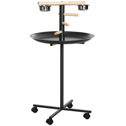 PawHut Metal Bird Table Play Stand, a black metal bird play stand with a round tray, perches and four feeding bowls on wheels