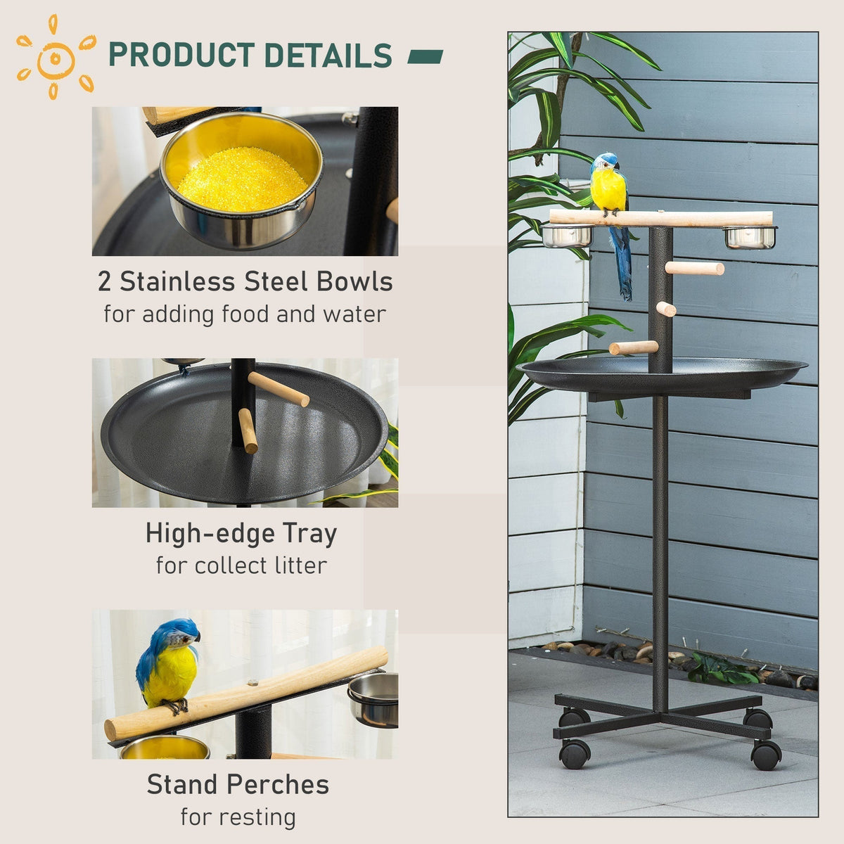 Product details for the bird play stand, showing bowls, tray and perches with text descriptions