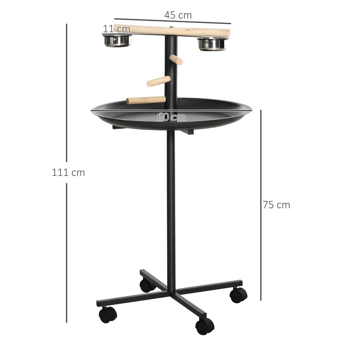 A metal bird table play stand with dimensions shown, including height and tray width