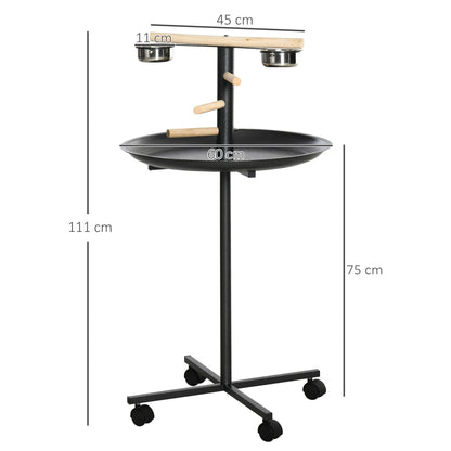 A metal bird table play stand with dimensions shown, including height and tray width