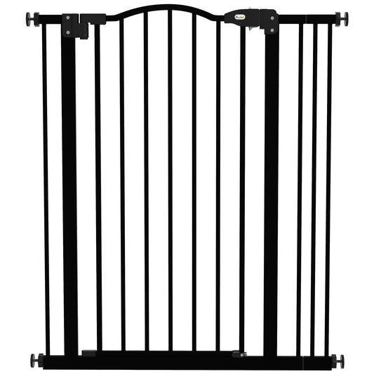 PawHut Metal Pet Safety Gate, a black folding metal dog gate with vertical bars and a curved top