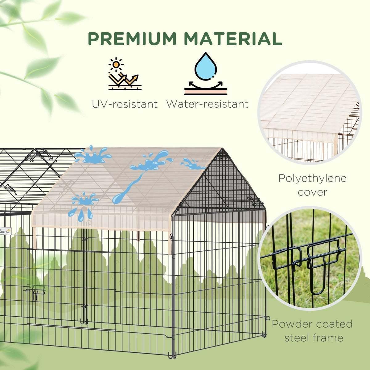 The metal rabbit run highlighting the water-resistant cover and the powder coated frame