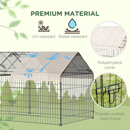 The metal rabbit run highlighting the water-resistant cover and the powder coated frame