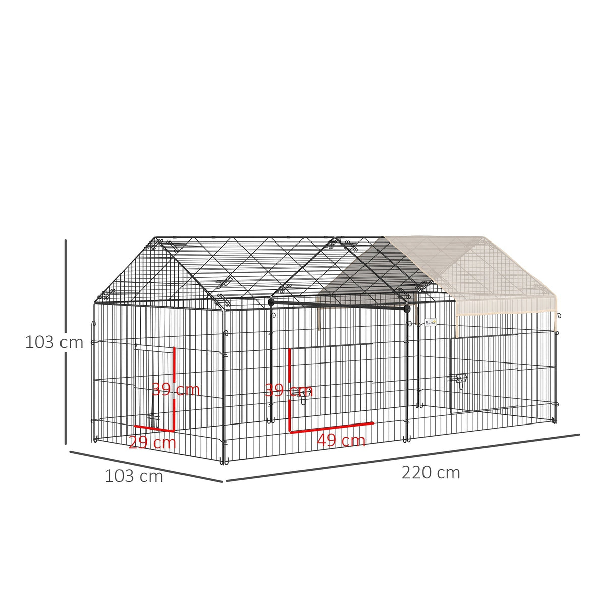The metal rabbit run showing red dimension lines and measurements on a plain white background