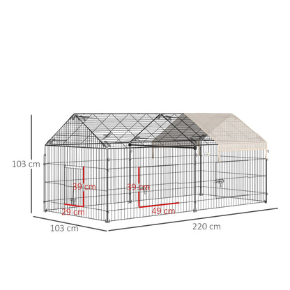 The metal rabbit run showing red dimension lines and measurements on a plain white background
