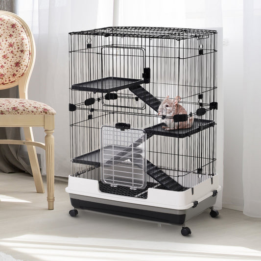 The guinea pigs hutch is shown in a room with a chair and a small pet inside