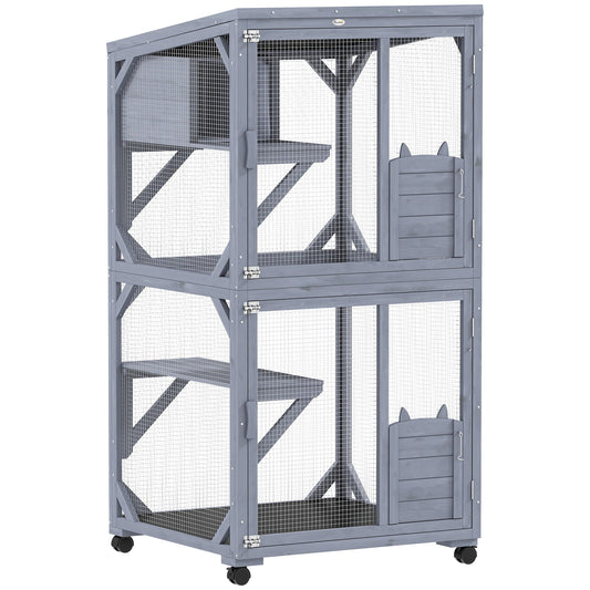 PawHut Movable Outdoor Catio with Resting Box, a two-tier grey wooden cat enclosure with platforms and a resting box