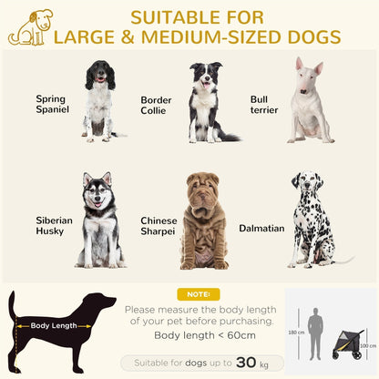 Diagram showing suitable dog breeds for the pet travel stroller, with body length guide