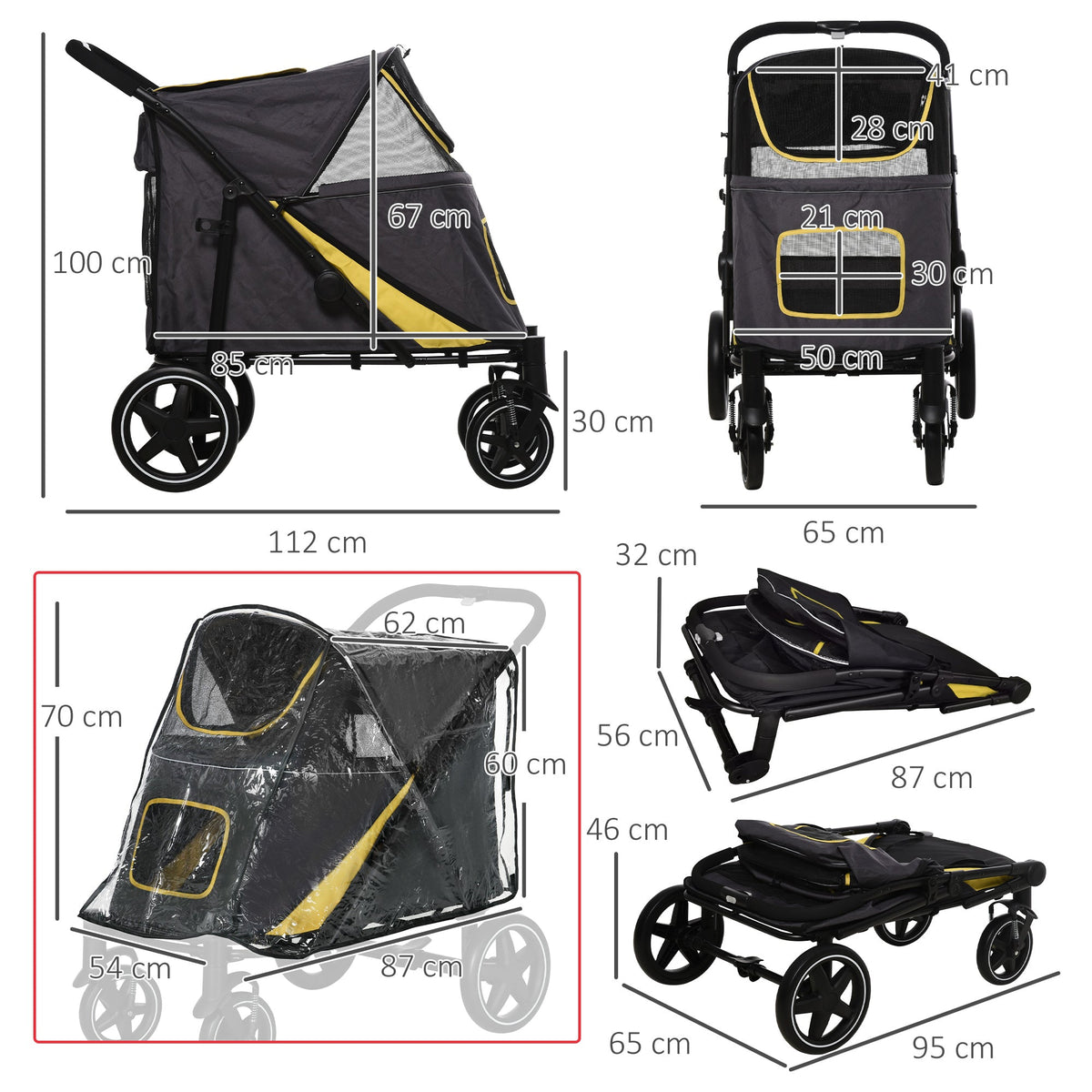 Dimensions of the grey pet travel stroller and its folded size
