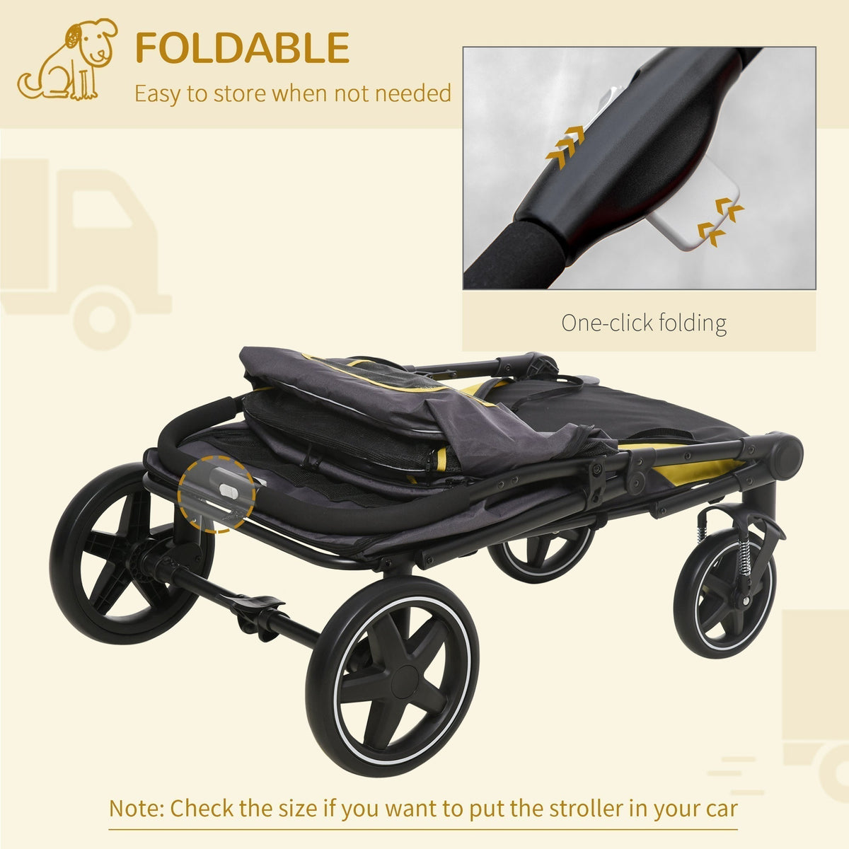 Close-up of the pet travel stroller being folded, with text about one-click folding