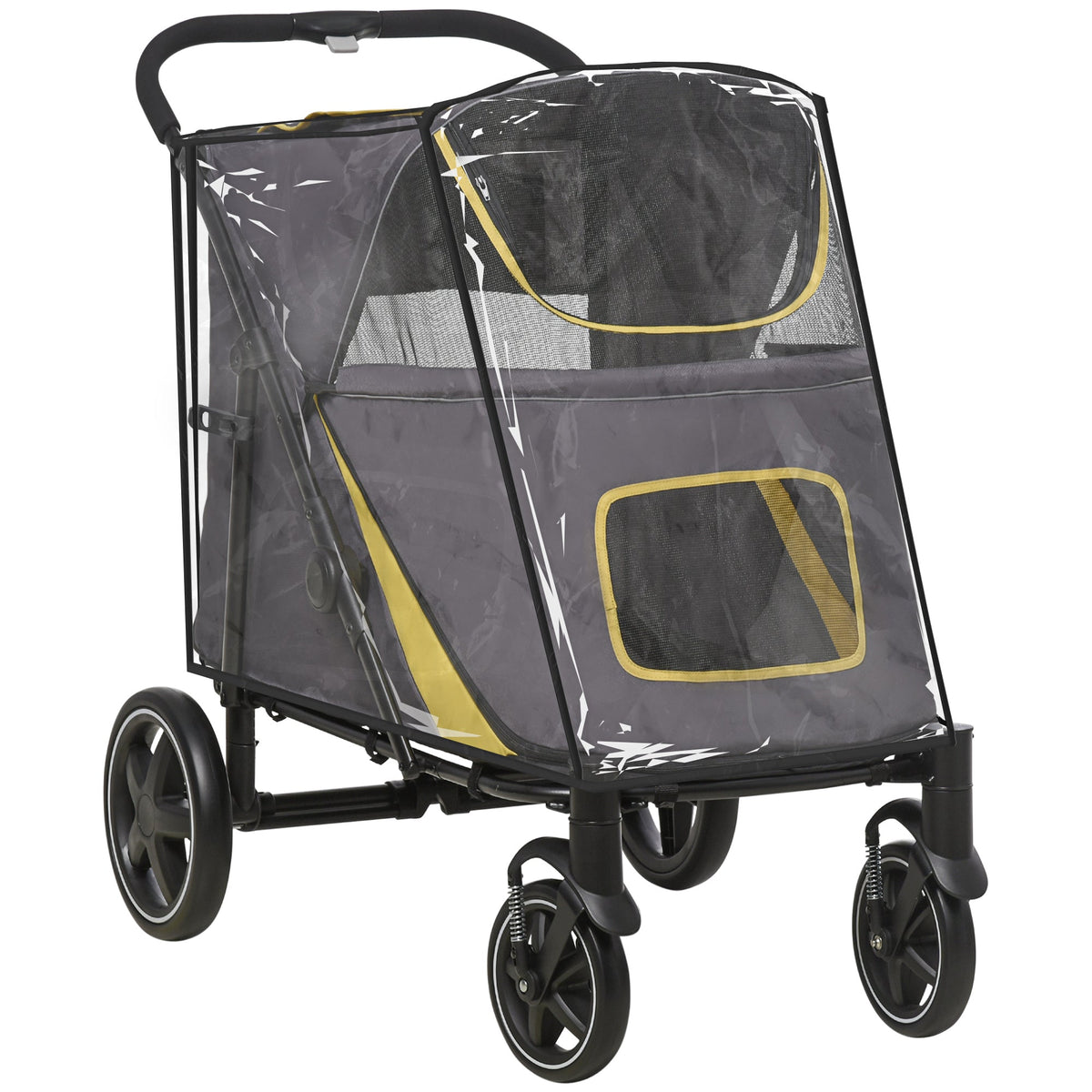 PawHut One-Click Foldable Pet Travel Stroller with Rain Cover, grey with yellow trim and clear rain cover