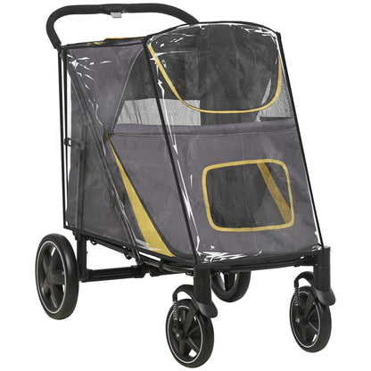 PawHut One-Click Foldable Pet Travel Stroller with Rain Cover, grey with yellow trim and clear rain cover