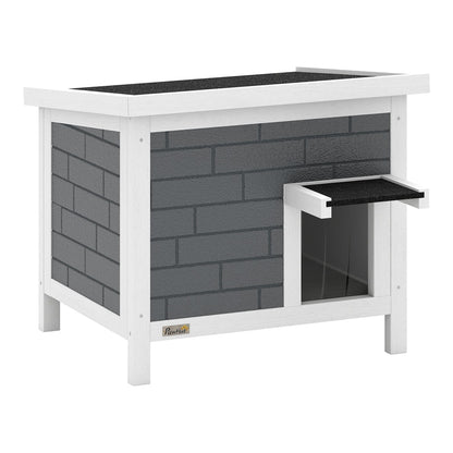PawHut Outdoor Cat House Insulated with Openable Roof, a grey and white outdoor cat shelter with a pitched roof and a small