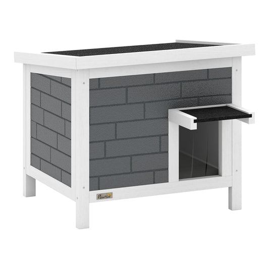 PawHut Outdoor Cat House Insulated with Openable Roof, a grey and white outdoor cat shelter with a pitched roof and a small