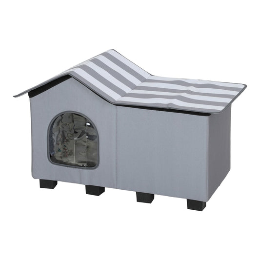 PawHut Outdoor Cat House grey with white striped roof and entrance