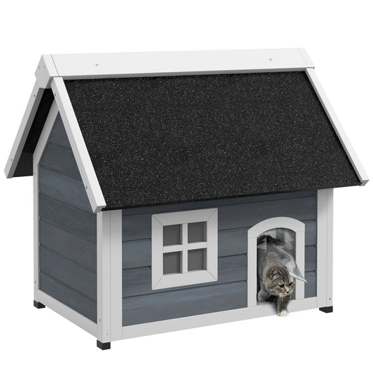 PawHut Outdoor Cat House, a grey wooden feral cat shelter with a pitched asphalt roof and a small window