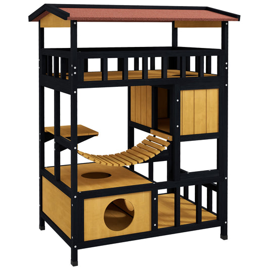 PawHut Outdoor Cat Shelter, a four-tier wooden house with multiple levels, platforms, and enclosed spaces