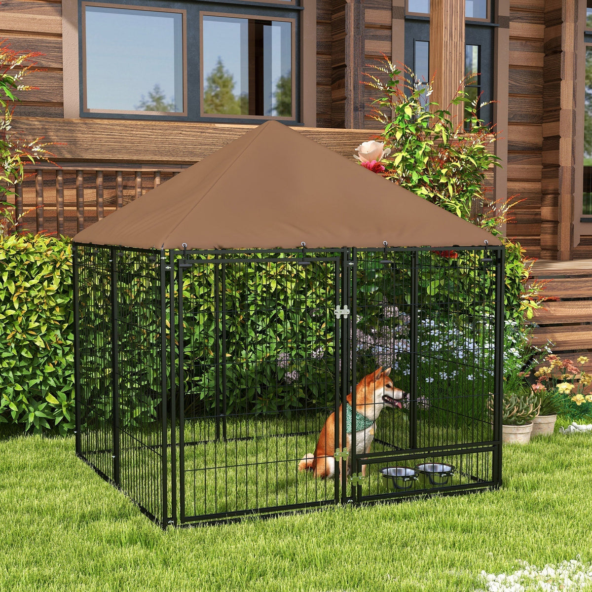 The outdoor dog cage with a dog in a garden setting