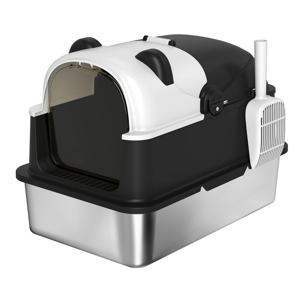 PawHut Panda Style XL Stainless Steel Cat Litter Box, a black and white enclosed cat toilet with a silver base and scoop