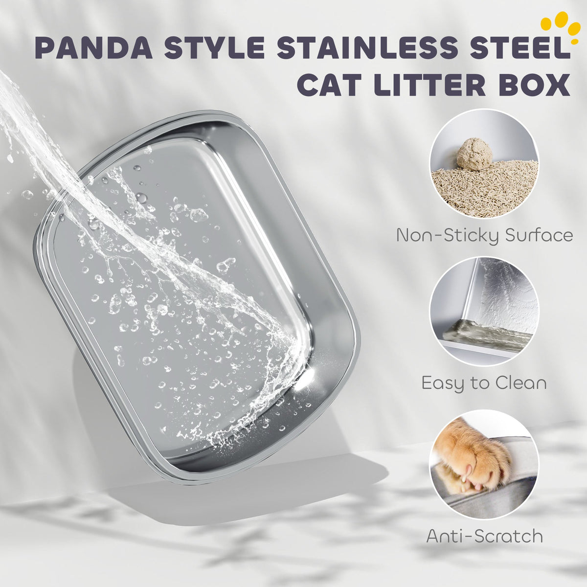 Close up of the stainless steel litter tray showing its non-sticky surface and anti-scratch properties
