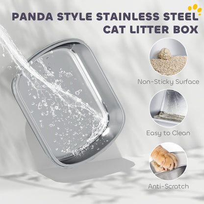 Close up of the stainless steel litter tray showing its non-sticky surface and anti-scratch properties