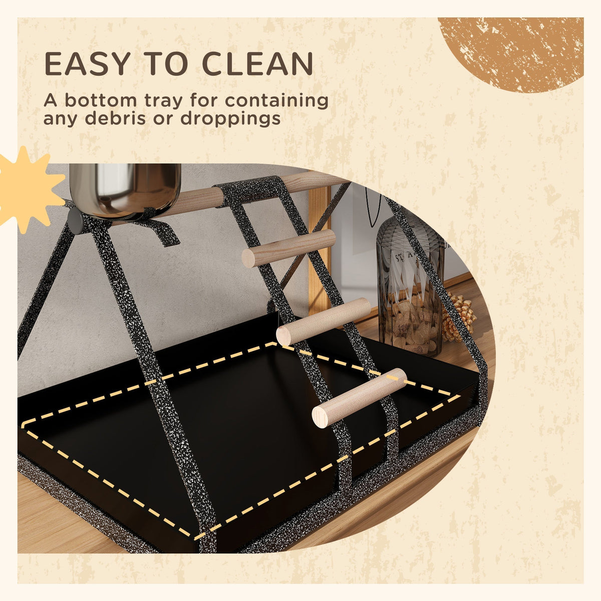 The bird perch has a removable tray for easy cleaning of droppings