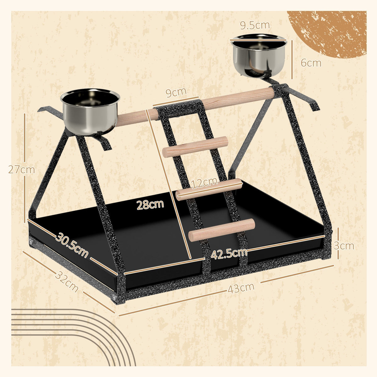 The bird stand with dimensions shown for height, width and depth
