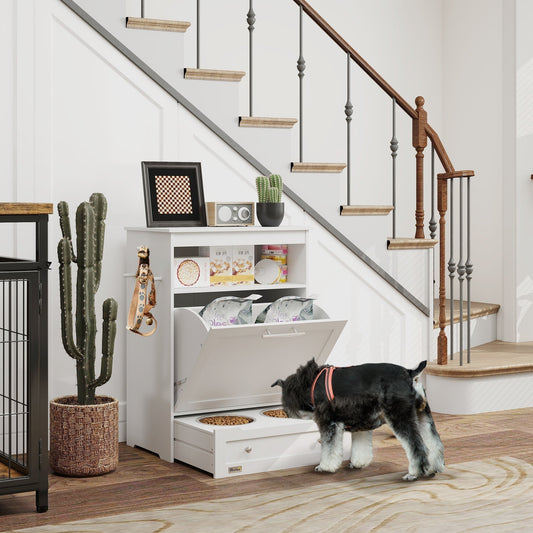 The pet feeder station in a hallway with a dog eating from the bowls and food stored inside
