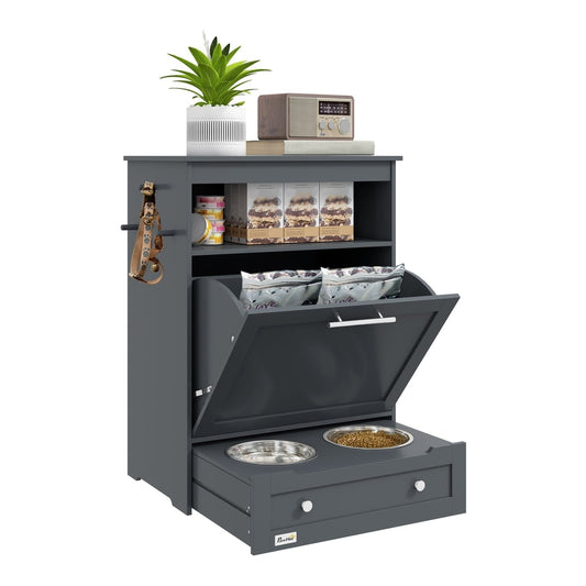 PawHut Pet Feeder Station, a grey cabinet with two raised bowls and storage above