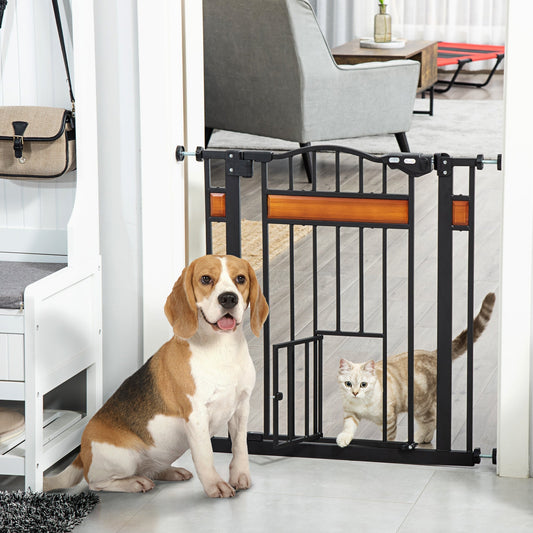 A black metal dog gate with a cat flap is shown in a hallway with a dog and a cat