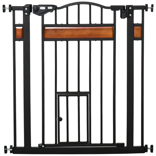 PawHut Pet Gate, a black metal safety gate with a small cat flap door and wooden accents