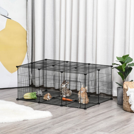 The hamster hutch and cage is set up indoors with three small rabbits and some food inside