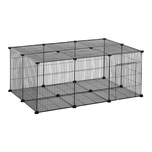PawHut Pet Playpen DIY Small Animal Cage Metal Fence, a large black metal grid enclosure with a door on the right side