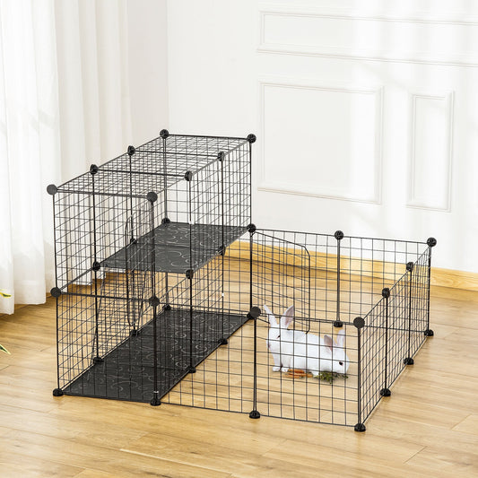 PawHut Pet Playpen w/ Door Customisable Fence, the hamster hutch and cage shown in use with a white rabbit inside a section